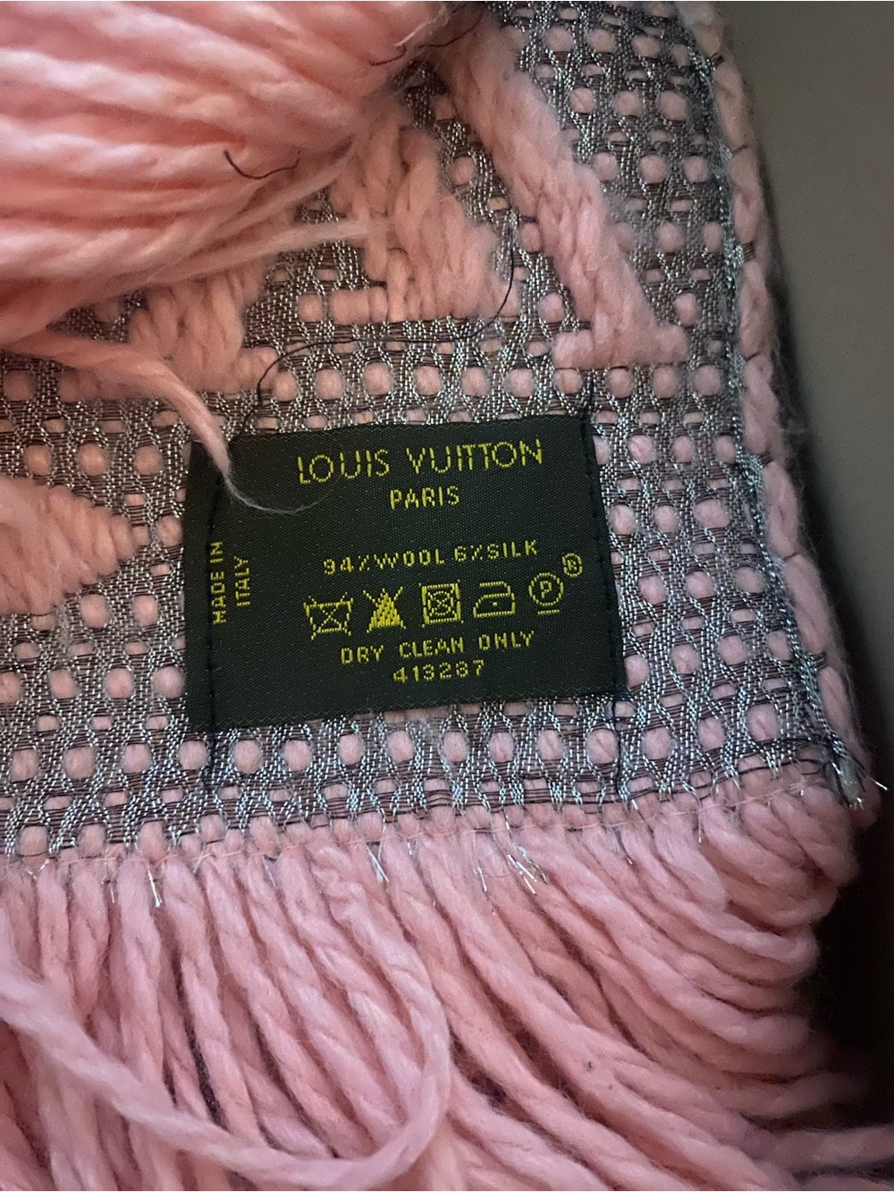 Louis Vuitton Pink Wool-Silk Fringe Scarf with Silver Metallic Weave
